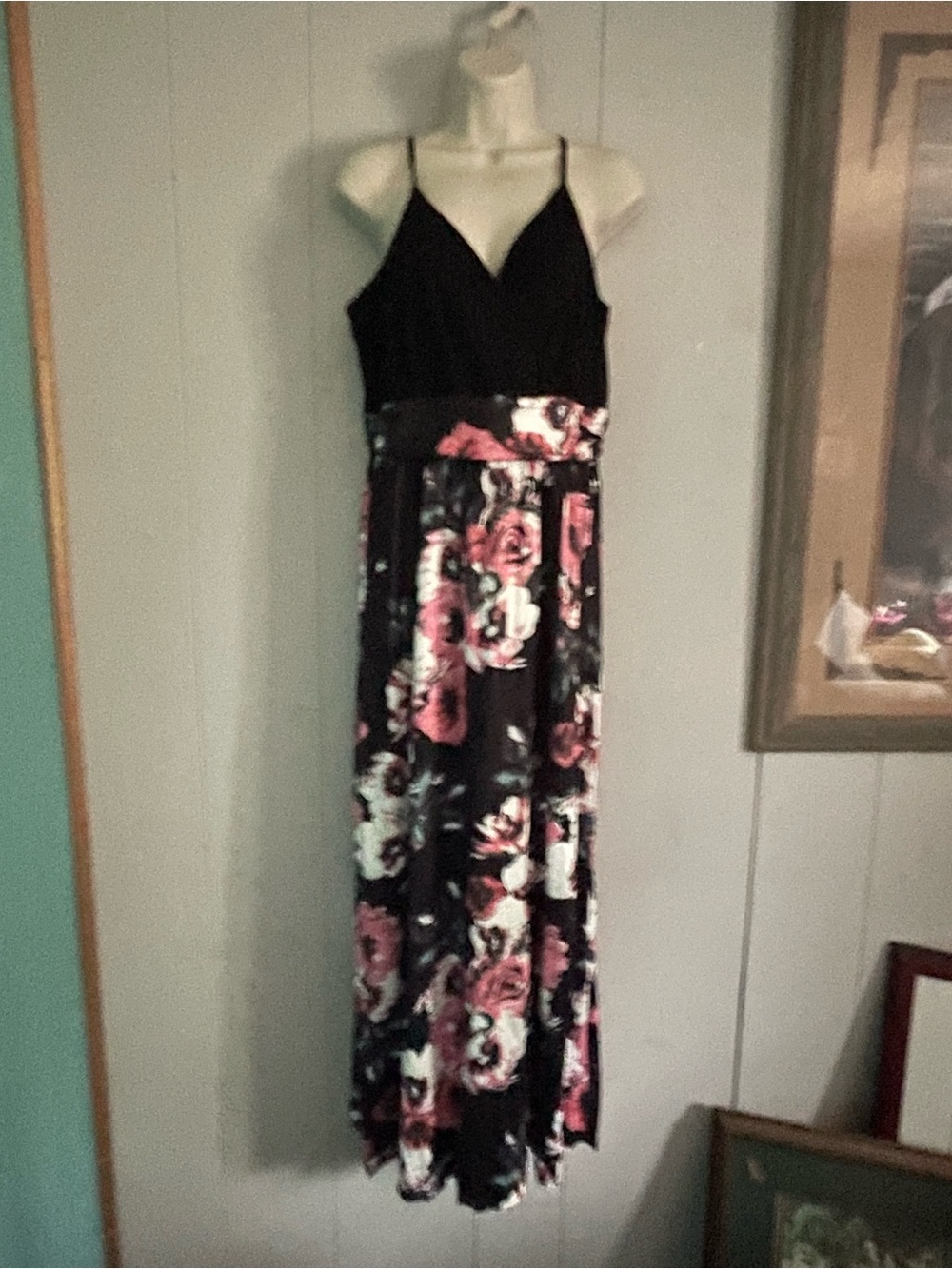 Floral Black and Pink Maxi Dress with V-Neck